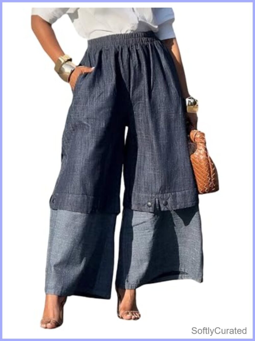 Wide Leg Palazzo Pants High Waisted Cotton Elastic Patchwork Trousers Pockets